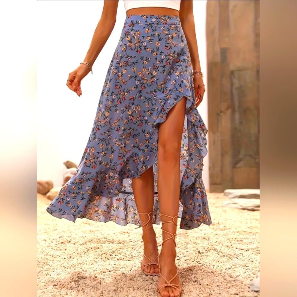 Floral Blue High Waisted Asymmetrical Skirt